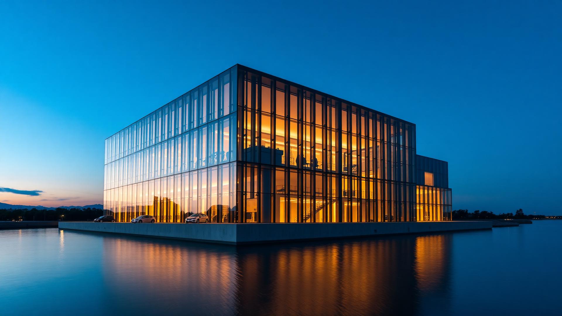 Modern glass building at blue hour, reflecting warm interior light on still water